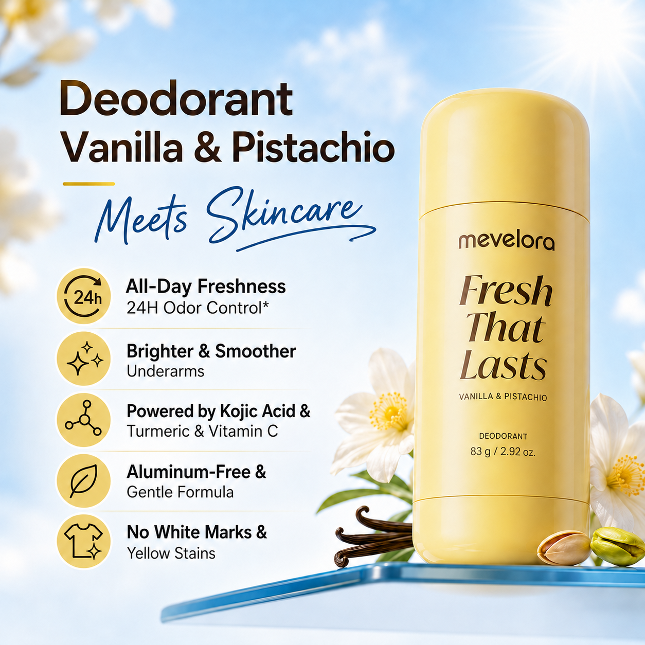 Deodorant Vanilla & Pistachio Fresh That Lasts | Brightening & Smoothing for Dark Underarms with Kojic Acid & Turmeric