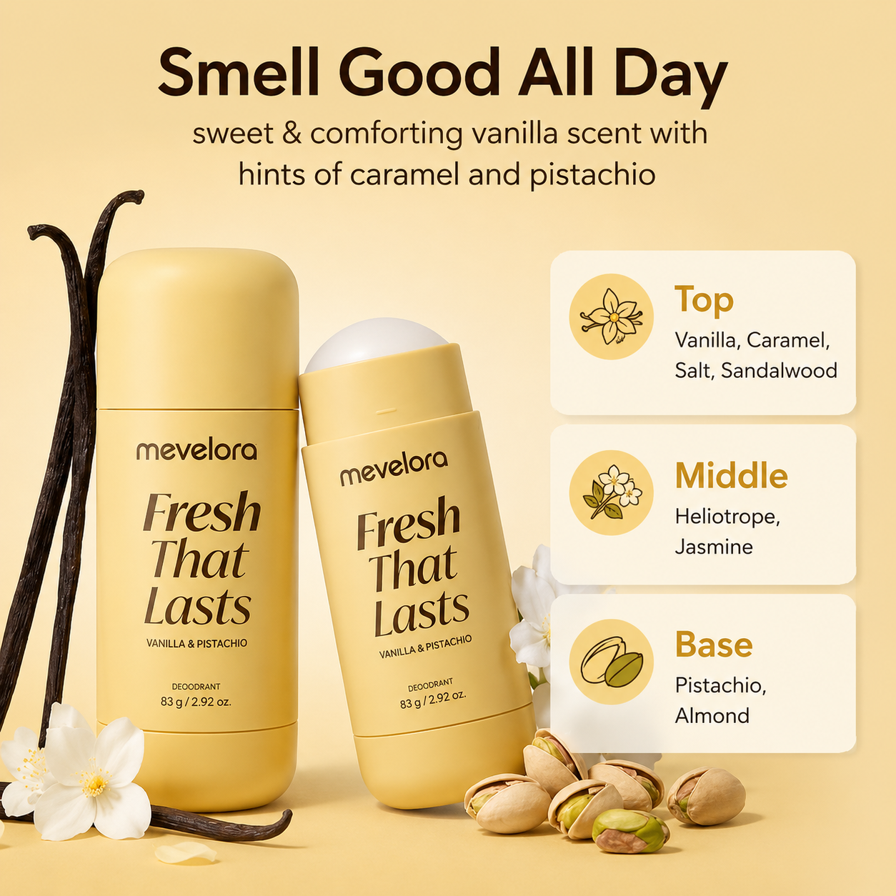 Deodorant Vanilla & Pistachio Fresh That Lasts | Brightening & Smoothing for Dark Underarms with Kojic Acid & Turmeric